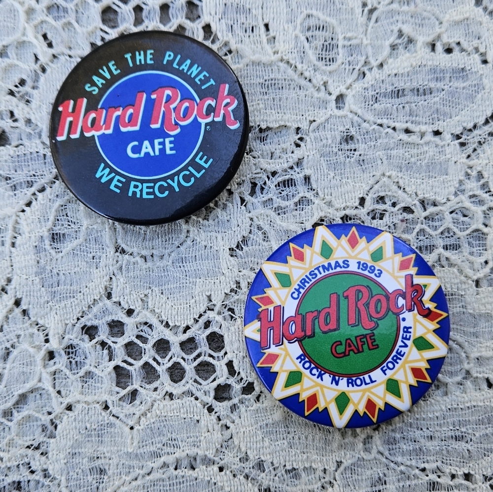 2 Vintage 90s Hard Rock Cafe Buttons or Pins 1993 Christmas and Save the Planet